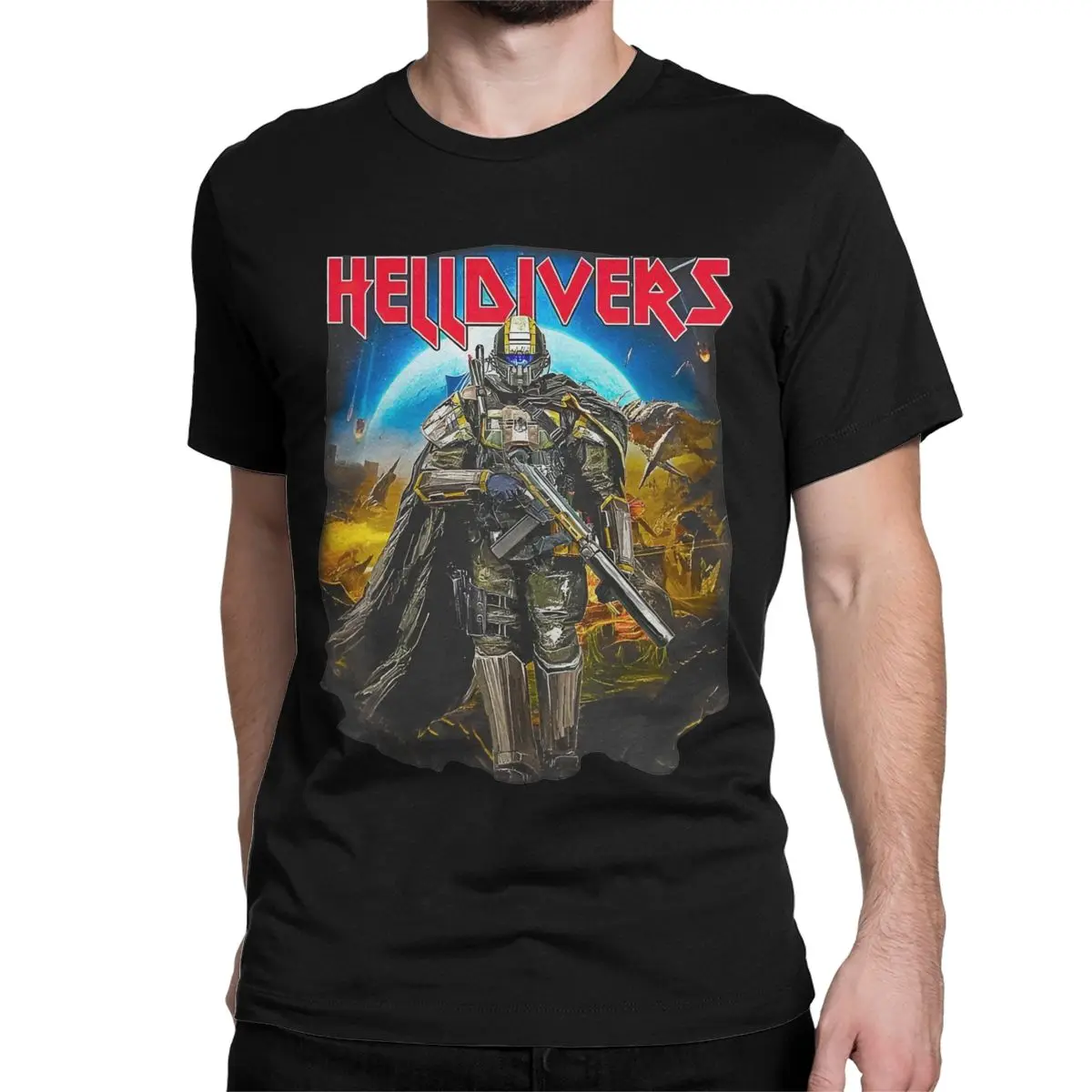 Helldivers 2 Skull T Shirt for Men Cotton Novelty T-Shirt Round Collar Tees Short Sleeve Tops 6XL