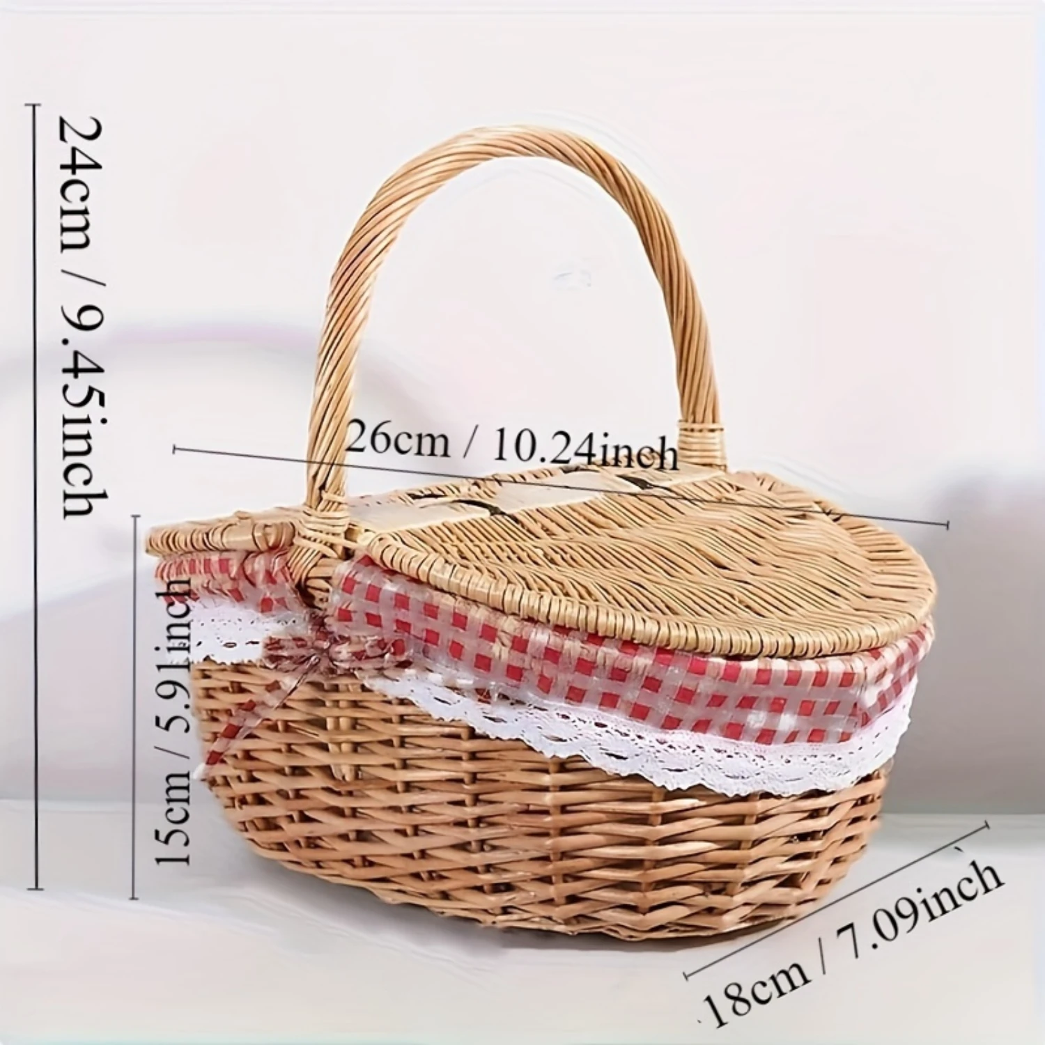 1pc Handwoven Rustic Oval Wicker Picnic Basket with Gingham Ribbon - Large Capacity Organizer for Shopping, Fruit, Snacks