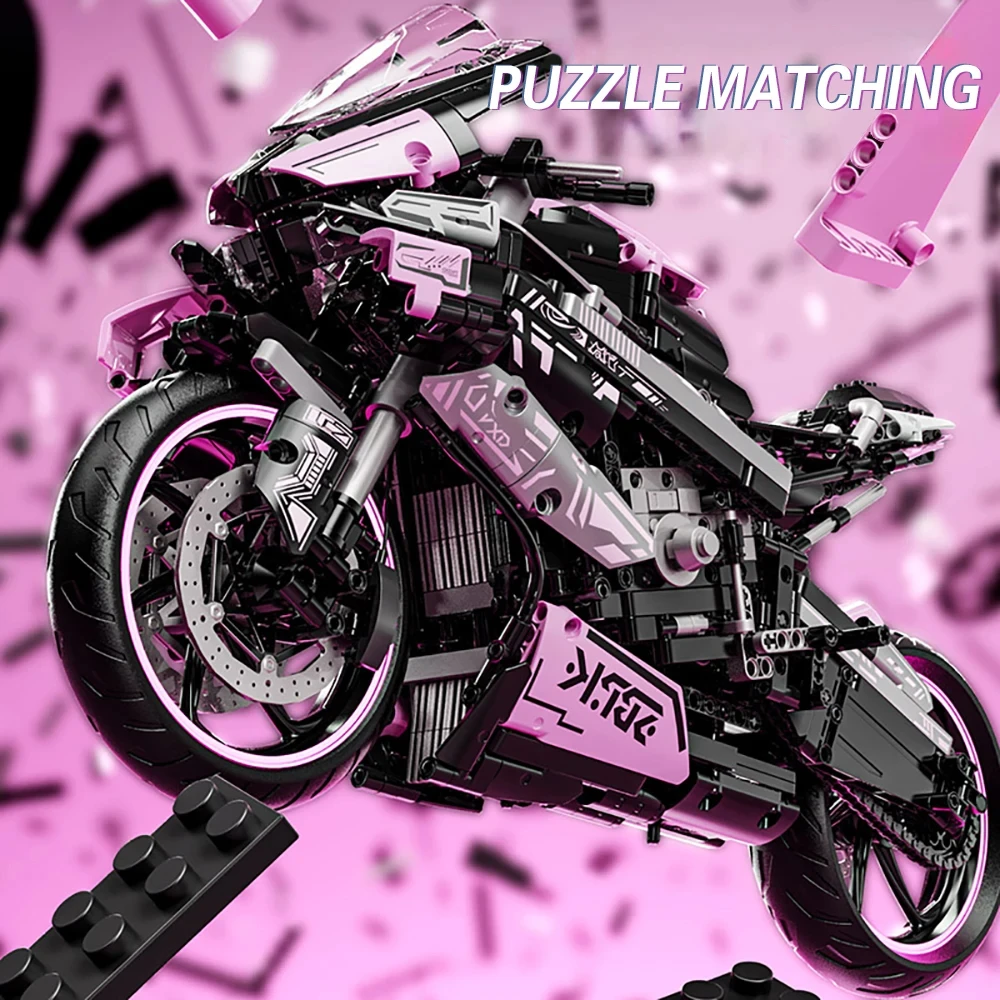 Tech Pink Cyberpunk Motorcycle Racing Building Block Model, Kid's Educational Assembly Toys, Easter Gift, Desktop Decorations