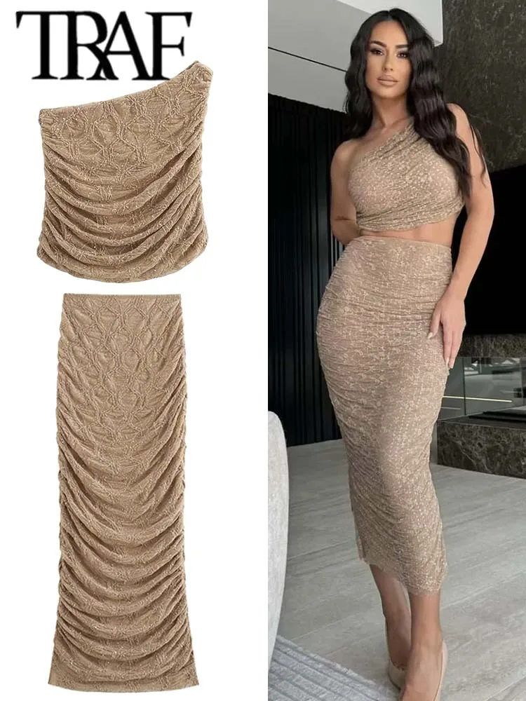 TRAF Shiny Rhinestone Midi Long Skirt Sets For Women 2 Pieces Sexy Backless Single Shoulder Crop Tops Elegant Party Women Suit