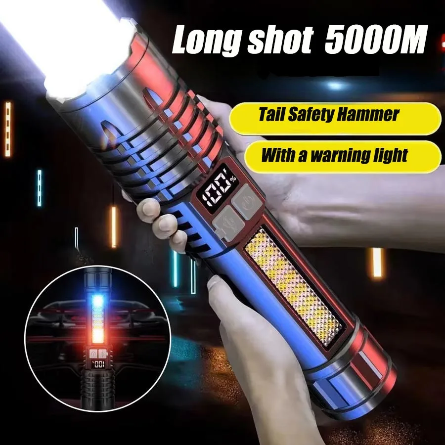 Portable Rechargeable High Power LED Flashlights With Display Screen Zoom Tactical Torch Lamp with Emergency Side Lights Lantern