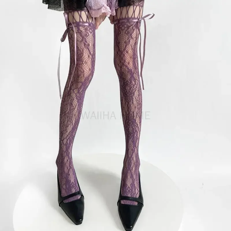 Y2k موضة القوطية زهرة الجوف خارج مثير جوارب طويلة النساء شبكة صيد السمك ربطة القوس فيونكة Ins الساخن الفتيات JK الجوارب عالية مطاطا محب طماق #5