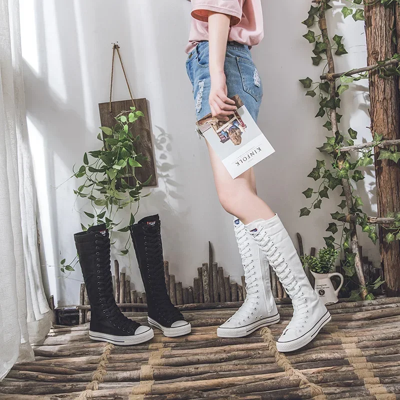 New Women's Canvas Boots Zip Shoes Comfortable Womens Shoes Flat High-top Female Sneakers Lace-up Knee-high Boots Bota Feminina