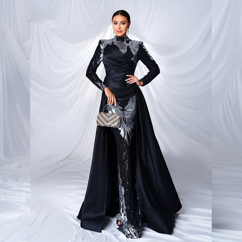 Women Performance dress Long Sleeve O Neck Black Silver Sequins Ball Gown Cocktail Prom Formal Occasion Dresses