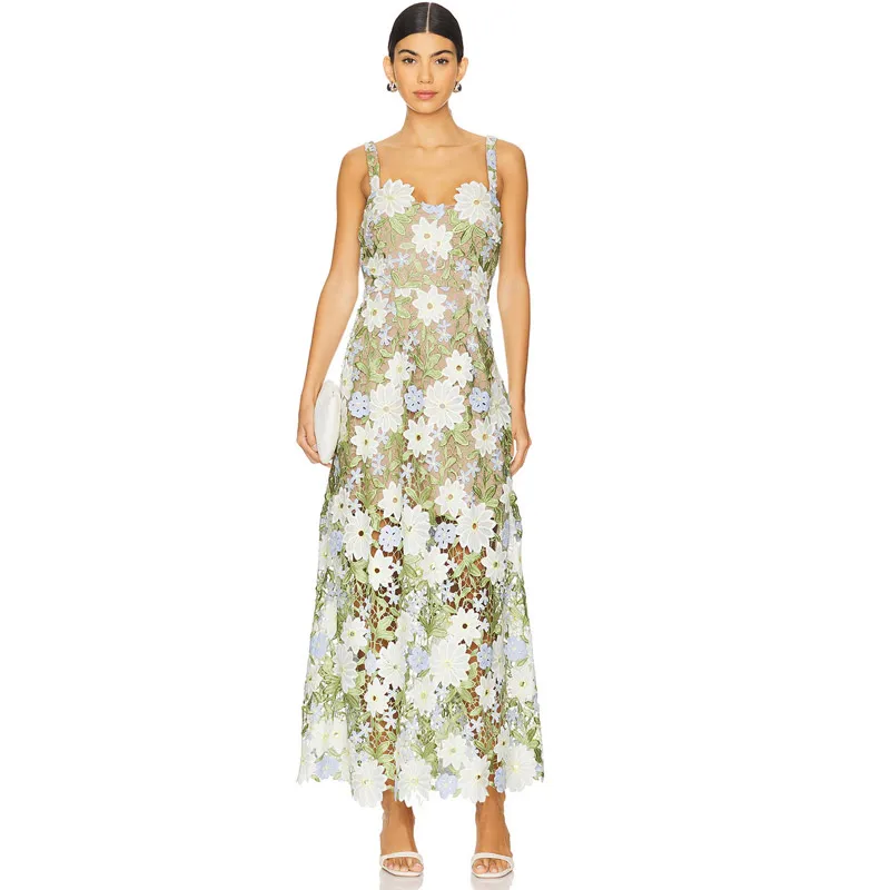 Sexy Damen-Hosenträgerkleider mit dreidimensional bestickten Blumen, V-Ausschnitt, schmale Passform, wasserlösliche Spitze, langes Kleid für den Urlaub