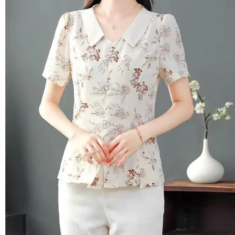 

Summer Short-sleeved Chiffon Blouse for Women New Fashion Doll Collar Slim Fit Waist Cinching Printed Top