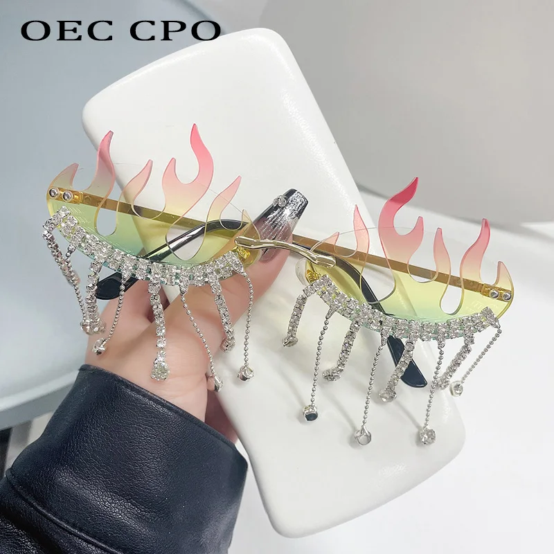 Diamonds Fire Flame Sunglasses Women Luxury Rhinestone Fashion Rimless Eyewear Female Wave Shades Shiny UV400 Sun Glasses Men