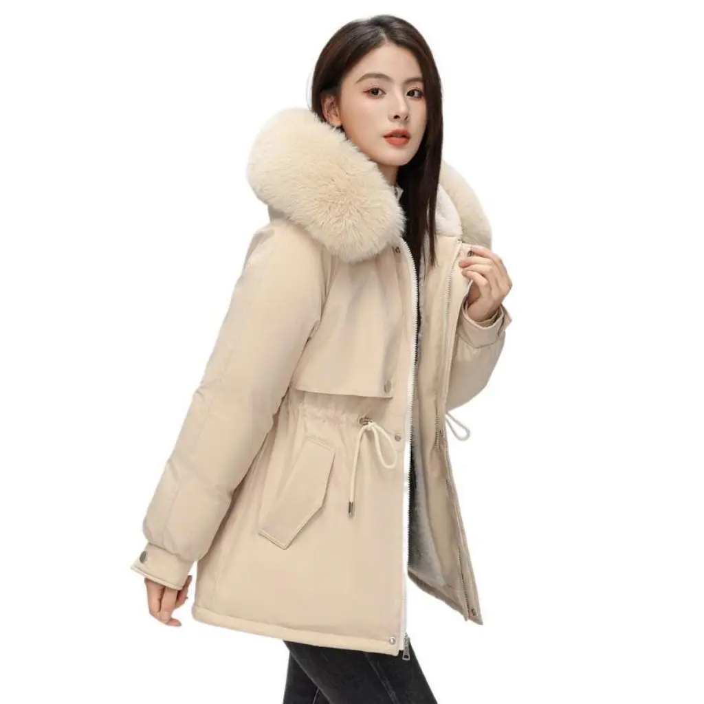 

Women's Cotton-Padded Jacket Mid-Length Winter Coat Fur Trimmed Relaxed-Fit Fleece-Lined Parka Warm Outerwear