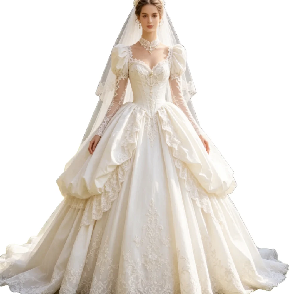 Victorian Princess 1980s Wedding Gowns Ball Gown Rococo Long Sleeve Lace Bride Dress Elegant Renaissance Medieval Basque Waist