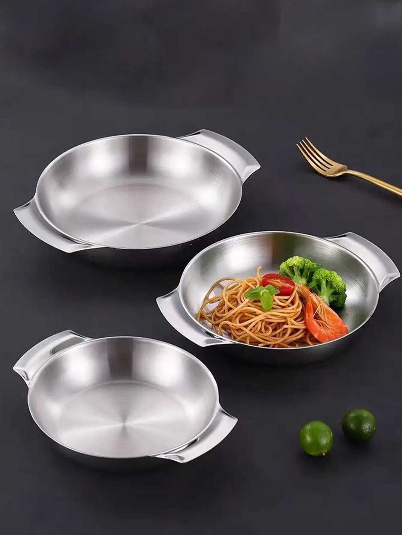 Korean-Style 304 Stainless Steel Double-Handle Snack Plate, Pasta Plate, Creative Baked Rice Plate, Deep Round Plate, Flat Bottom Plate, 1 Piece