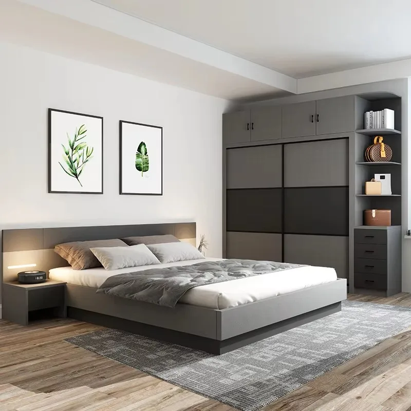 Juego de Dormitorio Completo Coreano Minimalista, Cómoda de Madera, Juego de Dormitorio Económico y Confortable con Cama Queen Size, Muebles Elegantes y de Lujo