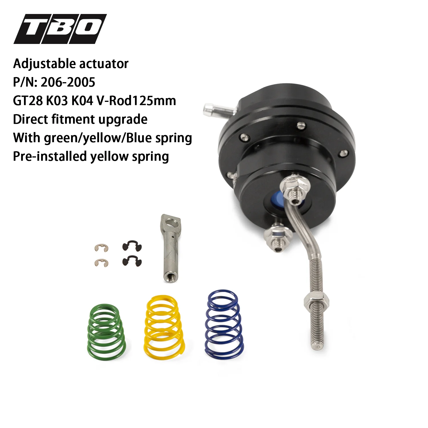 

Turbo Wastegate Adjustable Actuator V-Rod125mm For GT28 K03 K04 Turbo Direct Fitment With Green/Yellow/Blue Spring