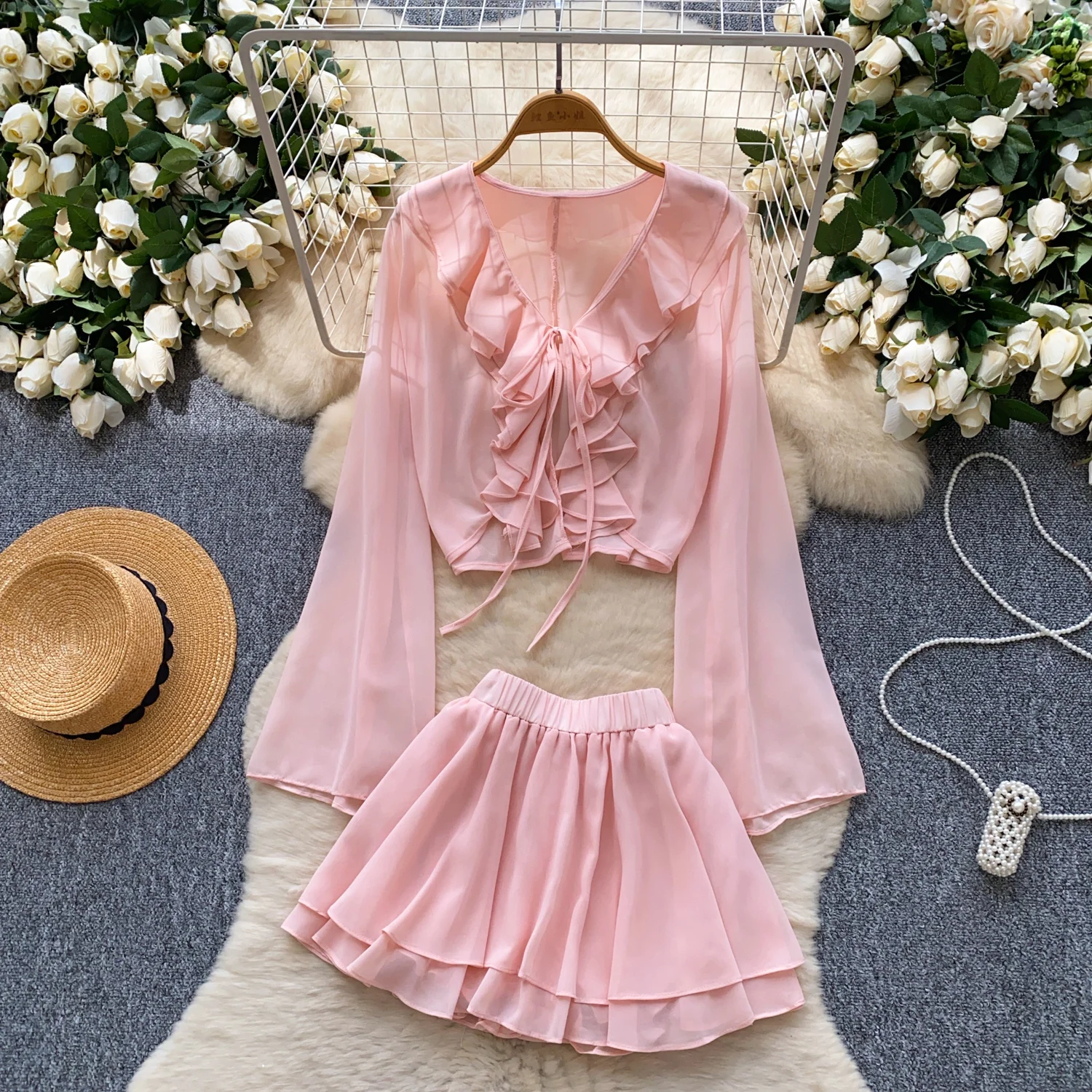 

Vintage sexy ruffle V-neck A-line Sleeveless Dress Chic Summer Beach Vestidos Women Vacation Two Piece Set