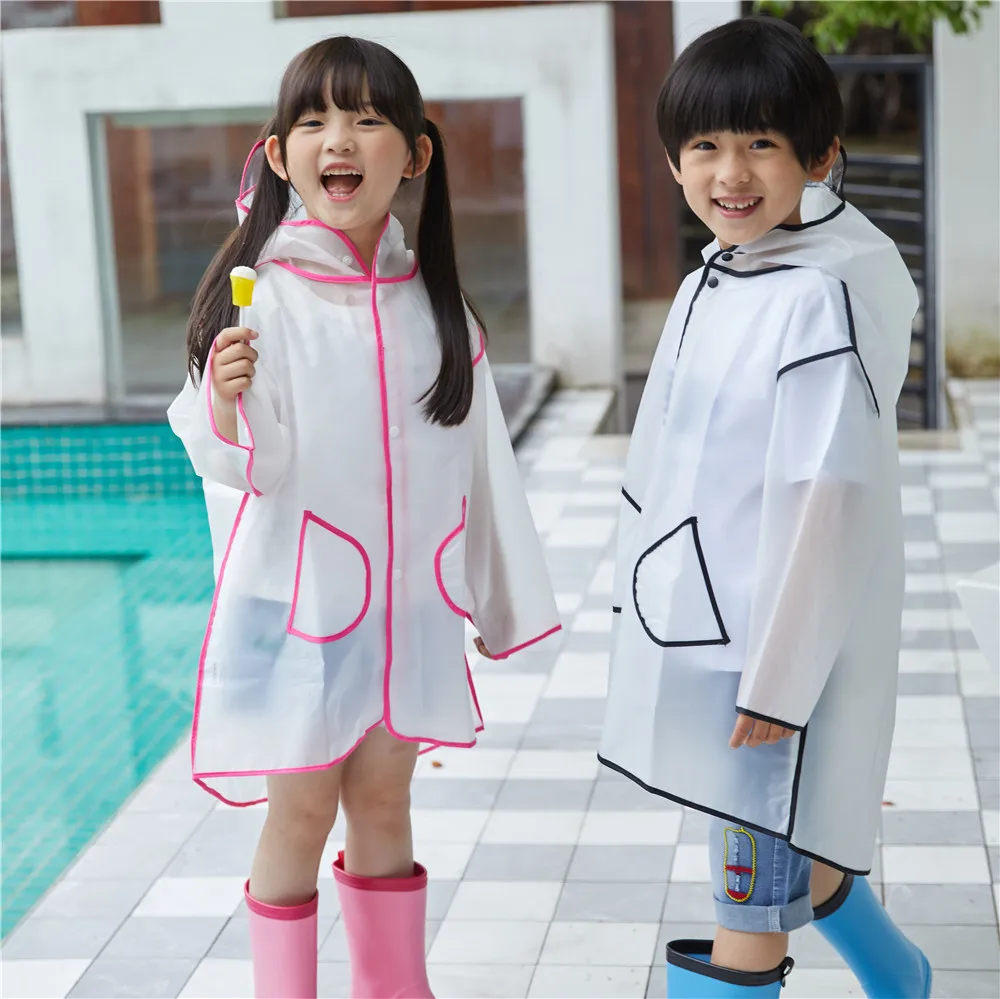 Cute Transparent EVA Kids Raincoat Waterproof Children Rain Coat Outdoor Rain Jacket Windproof Poncho With Hat School Rain Suit