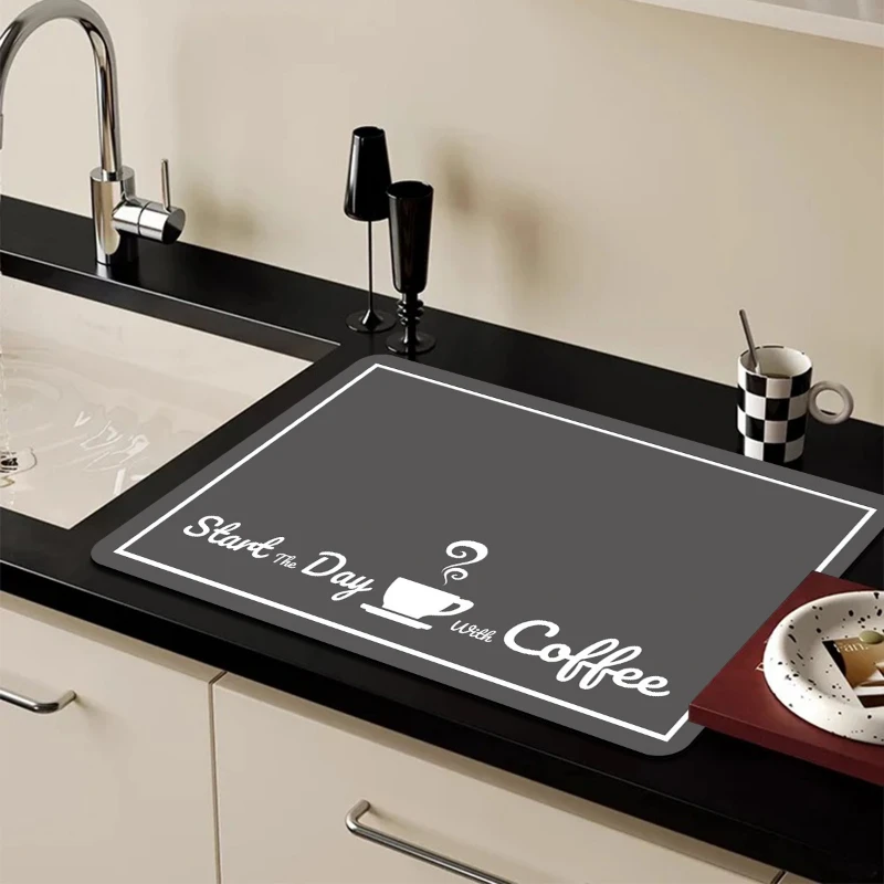 Ok But First Coffee Text Kitchen Drain Mat,Coffee Bar Counter,Kitchen Worktop,Non Slip,Quick Dry,Present