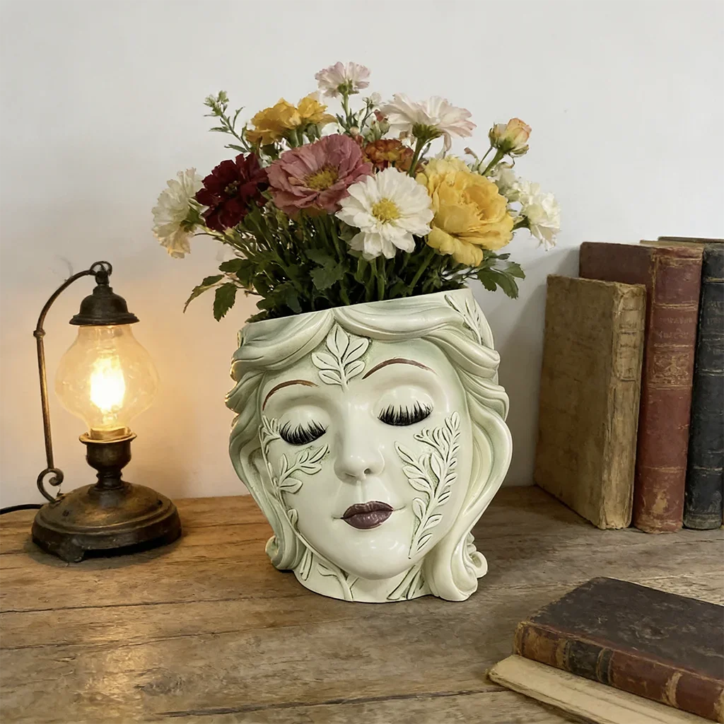 One Vintage Goddess Head Planter, Hand-Painted Resin Face Flower Pot, Indoor Outdoor Garden Decor Home Ornament with Boho Artist