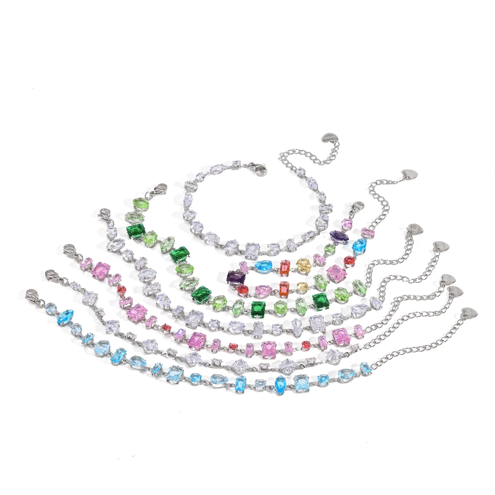 Bracelet en acier inoxydable avec cristaux zircon colorés de luxe pour femmes, accessoires de bijoux pour soirée, cadeau