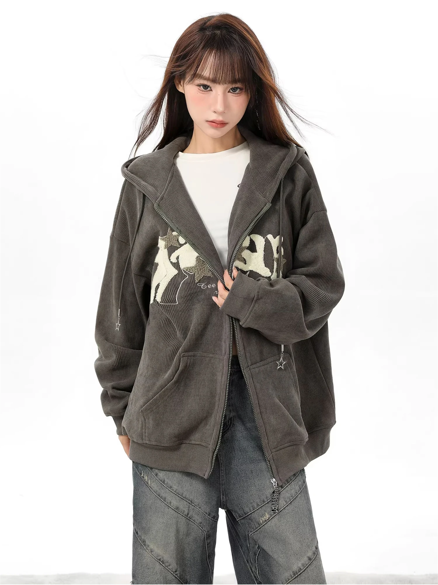 Y2K Grunge Aesthetic Dark Grey Chenille Star Full Zip Hoodie Women Oversized Long Sleeve Casual Sweatshirt with Pockets