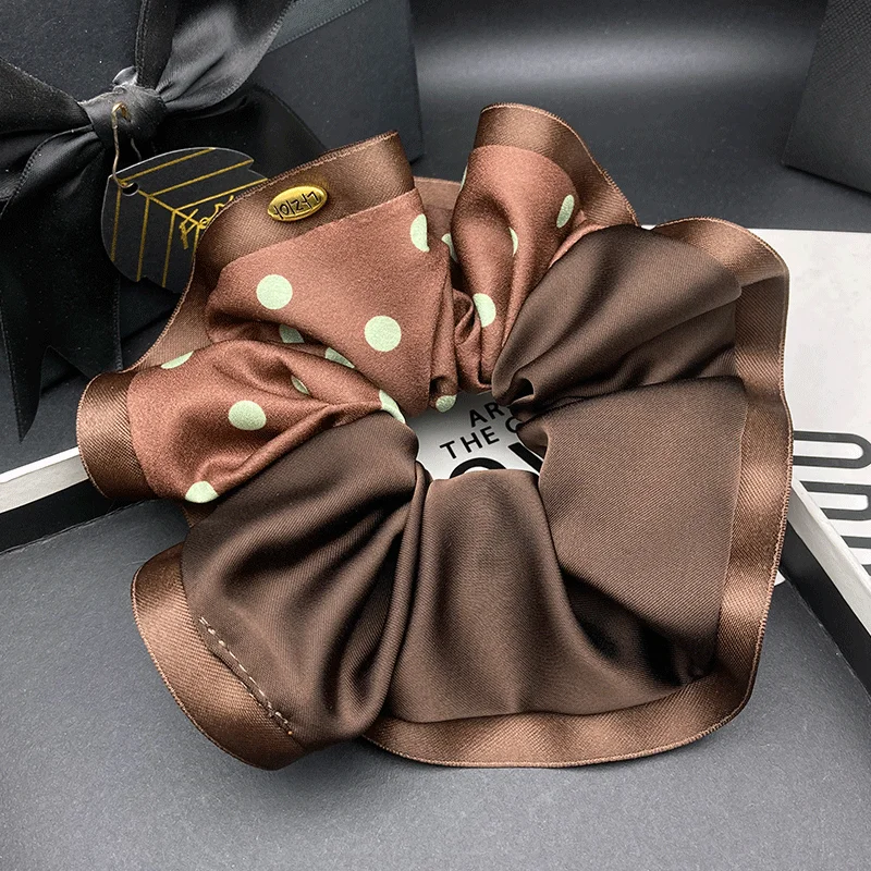 High end retro satin polka dot splicing large intestine headband temperament new temperament tied ponytail meatball headband hai
