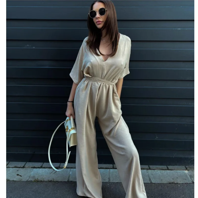 

Fashion solid color lace-up waist deep V-neck casual one-piece wide-leg pants simple temperament elegant and versatile high-end