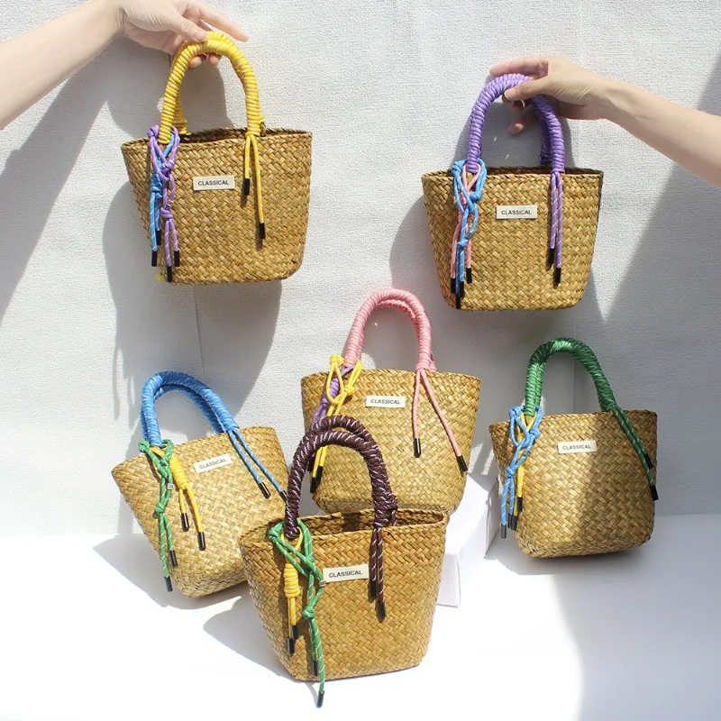Bolsa de mano tejida a mano, cesta de playa, bolsa de mercado tejida Natural para compras y uso en viajes al aire libre, bolsa de paja hecha a mano ecológica, 1 Uds.