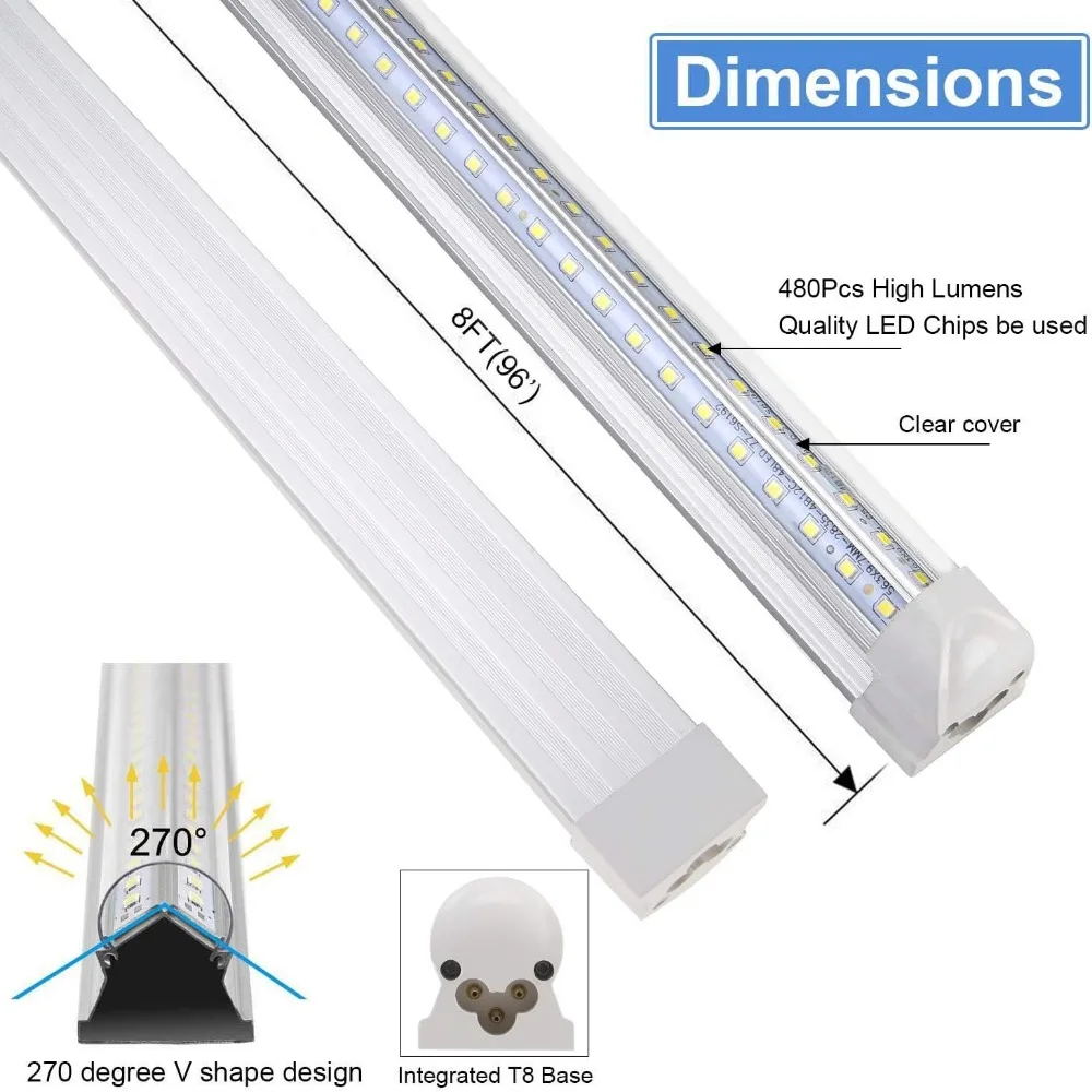10パック 8フィート ホワイト LED T8 ショップライト、72W 9500ルーメン、6500K デイライト、高出力クリアカバー、V字型270度ビーム