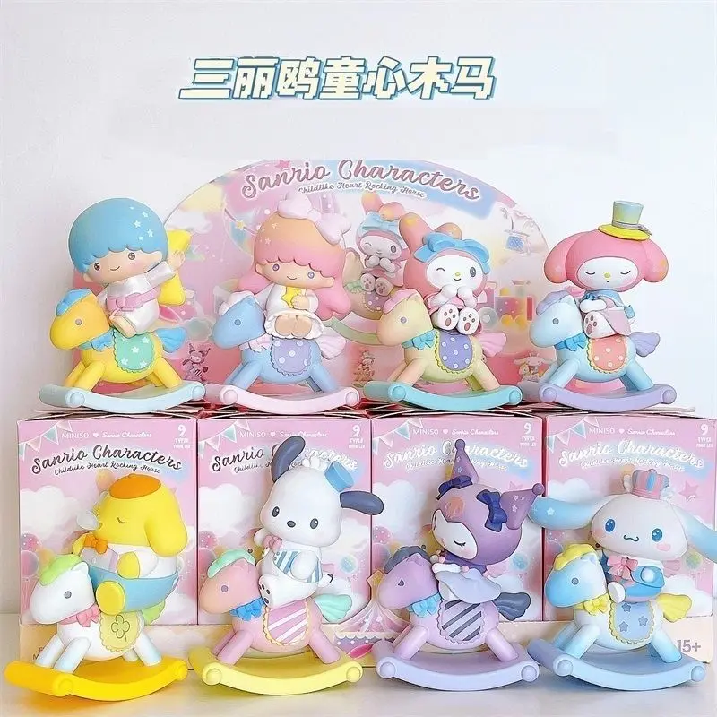 Sanrio caixa cega personagens infância cavalo de balanço estatueta melodia kuromi pochacco cinnamoroll figura de ação presente brinquedos presentes