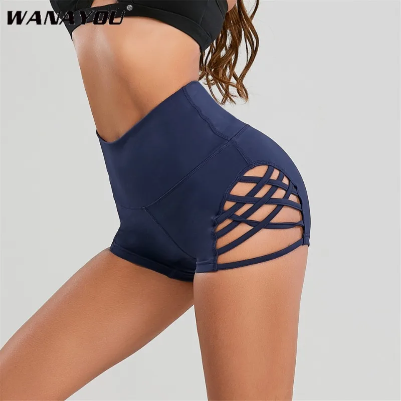 WANAYOU High Waisted Printed Tight Yoga Shorts with Side Cross Large Hollow Sexy Fitness Pole Dance Sports Shorts