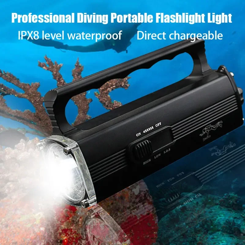 Diving Portable Flashlight Aluminum High Power Long Life DC Rechargeable Outdoor Lighting Waterproof LED Super Bright Hand Torch