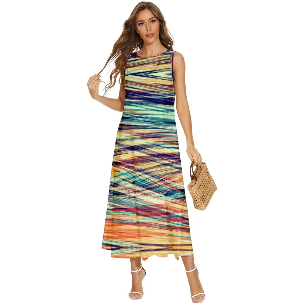 

Spring Summer Women Beach Long Dress Abstract Printed Sleeveless Pocket Dress Clothing Holiday Vestido