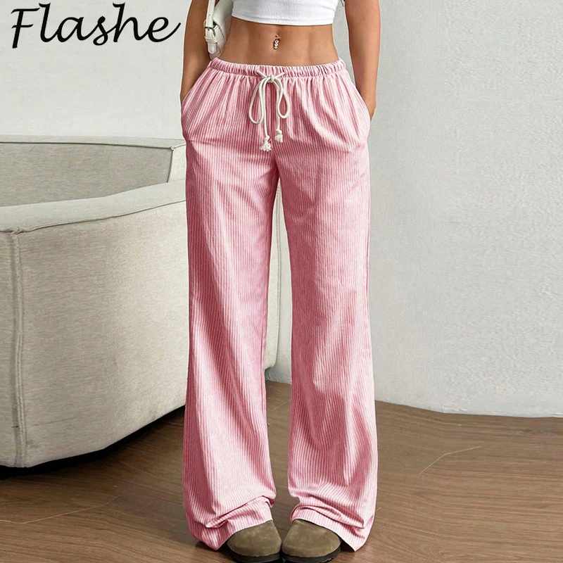 

2025 Full Length Pants Women Striped Pocket Drawstring High Waist Straight Pants For Women Casual Trousers