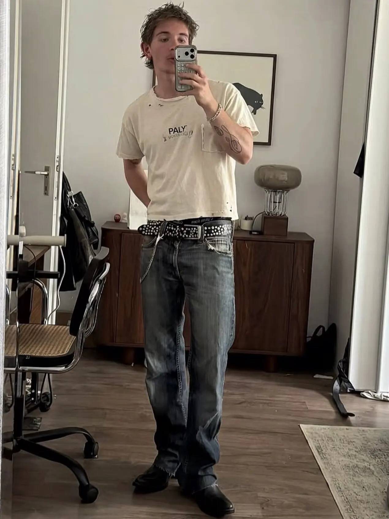 Paly Hollywood 26ss PALY Print Single Pocket Destroy Old Boxy Short Sleeve T-Shirt
