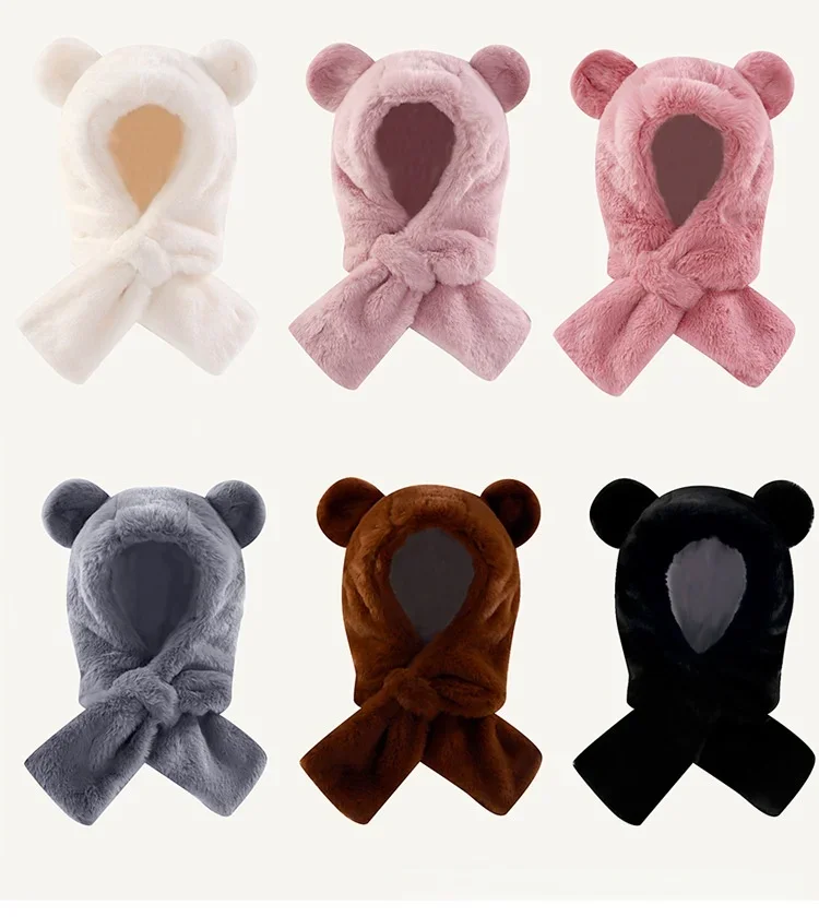 Winter Girls Bear Hat 6M-7T Cute Solid Color Kids Hat and Neck Integrated Thicken Lovely Children Warm Ear Protection Cap
