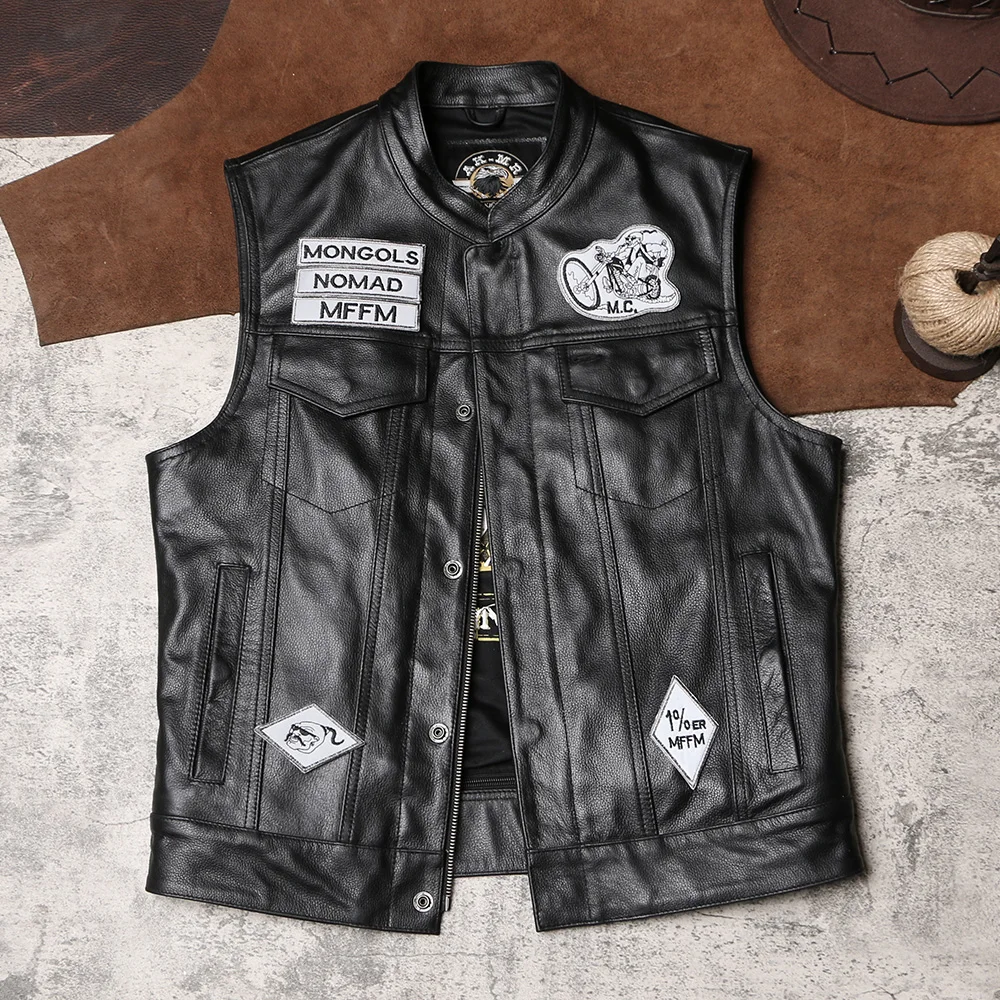 Club Biker Gang Leather Luminous Reflective Cargo Leather Vest Men's Cowhide Riding Leather Vest