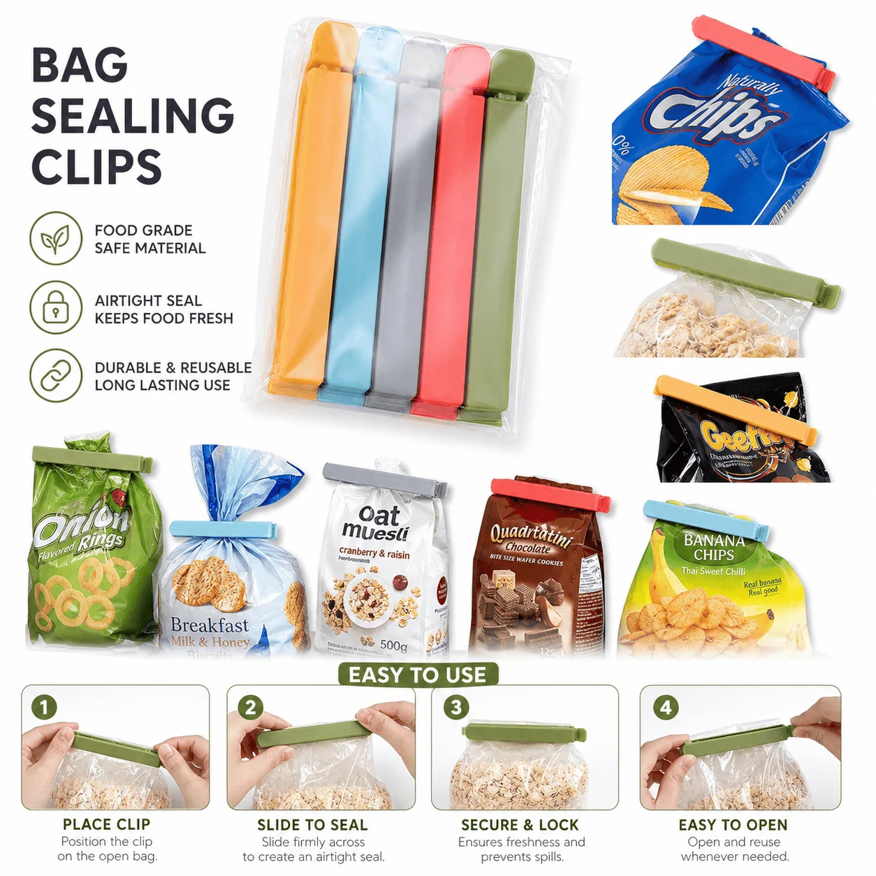 5 pcs Plastic Bag Sealing Clips, Airtight Reusable Food Storage Sealer Sticks for Snack Bags