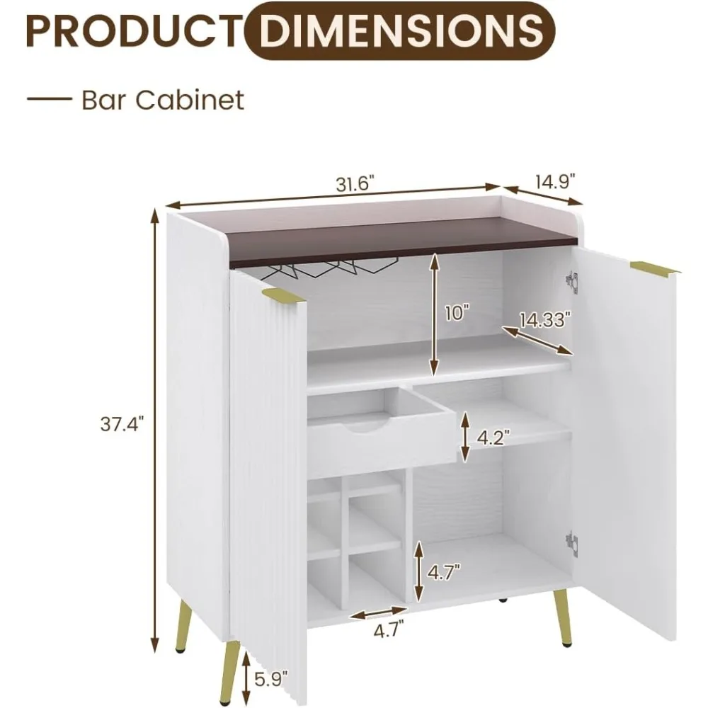 خزانة بار النبيذ على طراز المزرعة مع أبواب مخددة وحوامل زجاجية ورف قابل للإزالة لتخزين القهوة الحديثة #2
