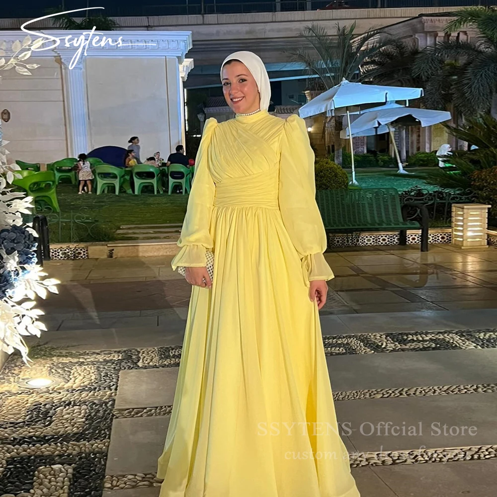 

SSYTENS Elegant Yellow Muslim Arabi Prom Dresses Long Sleeve Customized High Neck Chiffion Formal Evening Dress Women Party Gown