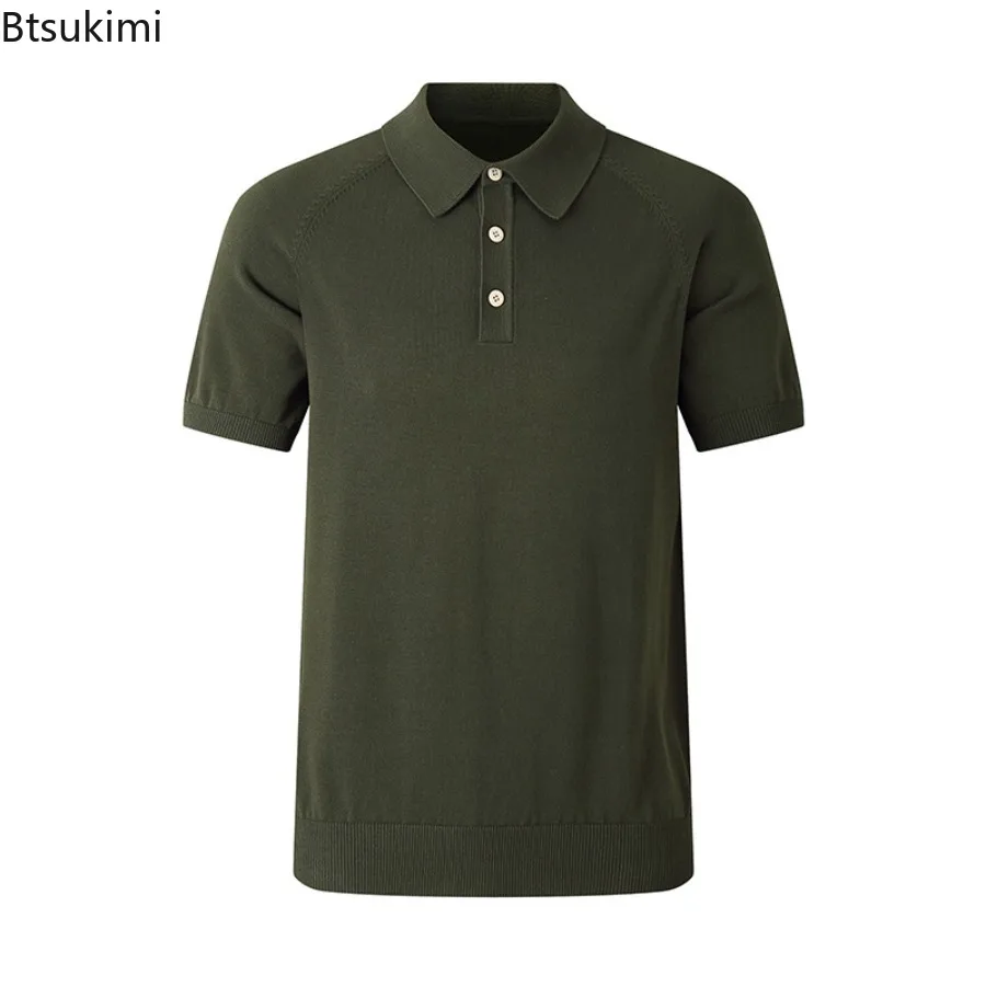 Italian Polo Shirt Men's 100% Cotton Knit Slim Fit T-shirt Vintage Solid Color Lapel Short Sleeves Top Summer New Casual Tees