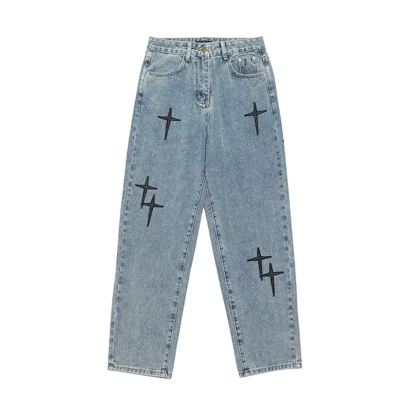Prints Jeans Men Cotton Fashion Wide Leg Streetwear Baggy Korean Drapes Straight Casual Loose Denim Cargo Pants
