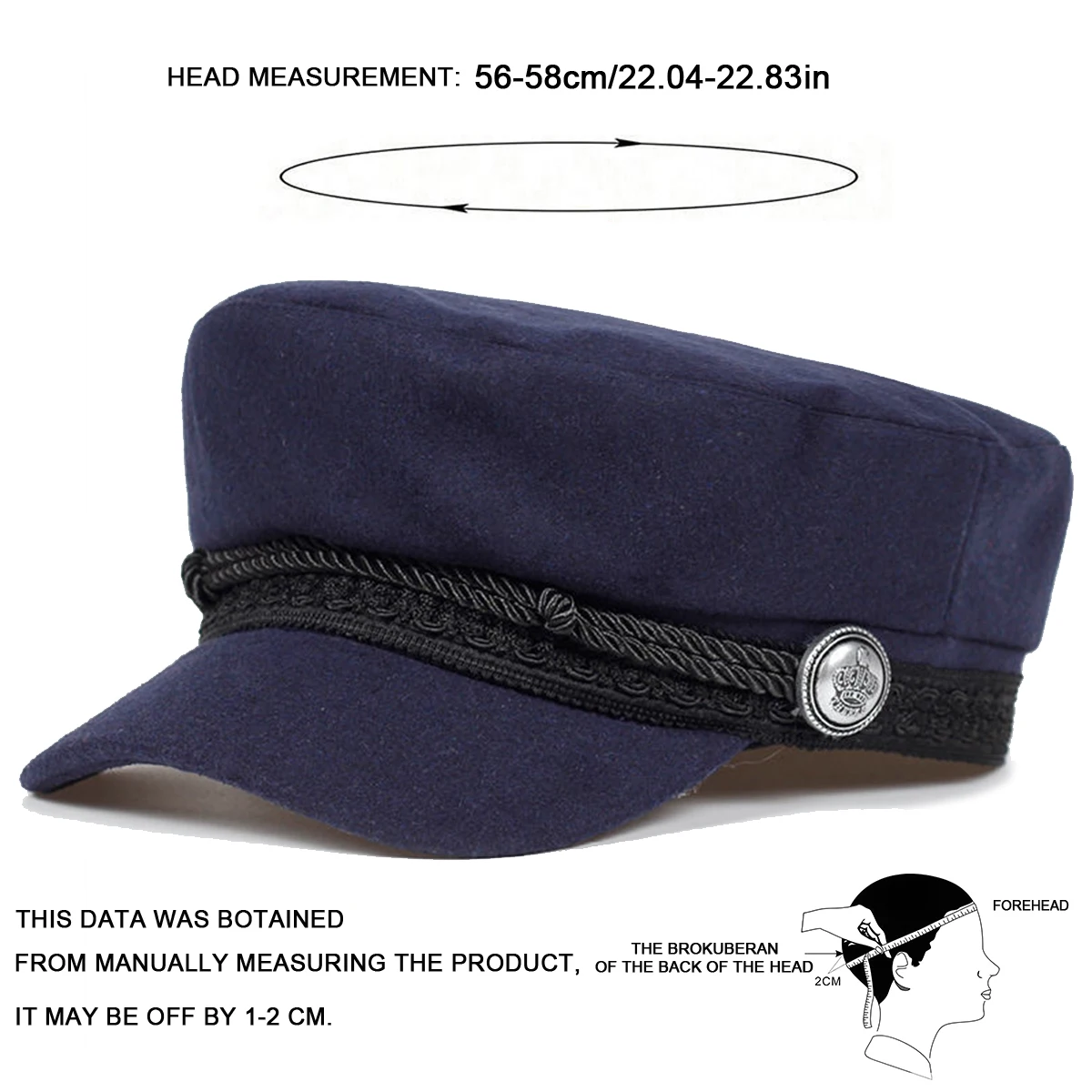 Topi pelaut wanita hitam, topi baret gesper mahkota renda tentara musim semi musim gugur untuk pria dan wanita