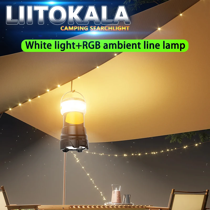 LiitoKala LF-908 Lampe de camping, chaîne LED RVB 15 m, autonomie 20 heures, température de couleur 1800 K-4000 K, étanche IPX4, type-c