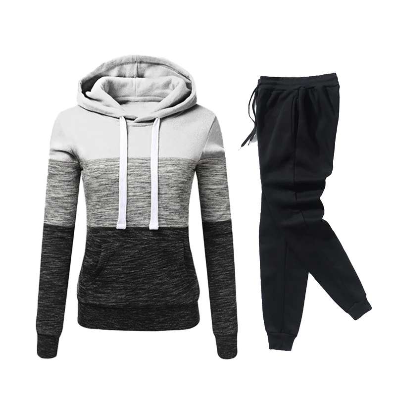 Womens Tracksuit Tri Color Splicing Casual Hooded Sweatshirt+Pants Set Sports Jogging Clothing Autumn Winter New in Warm Outfits