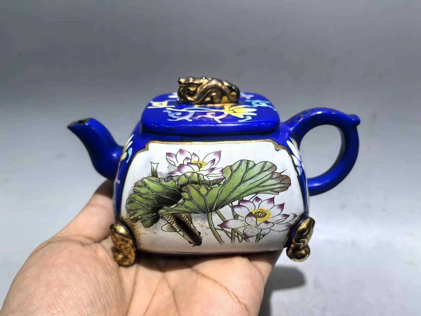 Purple teapot Yixing Purple Clay Teapot Painted Gilded God Beast Statue Cover Lotus Fish Pond Pattern Four sided teapot
