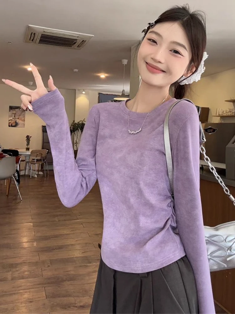 Tie Dye Shoulder Seamed Slim Fit Ruched Long Sleeve T-shirt 2026 Autumn Winter Women Tops Purple Ribbed Crew Neck Tee