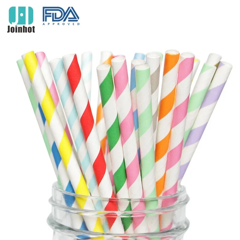 200 Biodegradable Paper Straws  Assorted Rainbow Colors Striped Drinking Straws for Juice birthdays partys