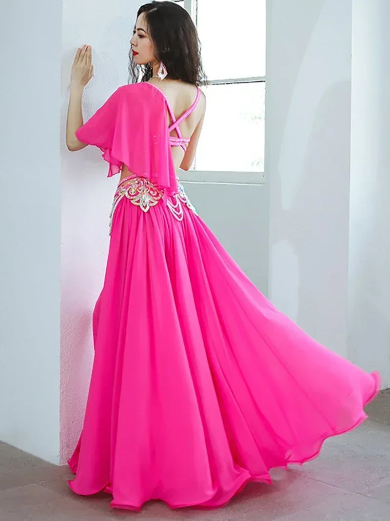 Vestido feminino para performance de dança do ventre, manga longa, diamantes, fenda dupla, saia grande com corrente, conjunto de performance de competição
