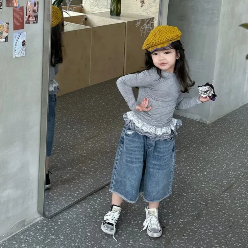 Korean Children's Clothing Girls' Bottoming Shirt Top Spring Autumn New Style Lace Long Sleeve T-shirt Wide Jeans 2pcs Set 2-10Y