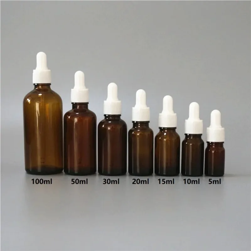 

5/10/15/20/30/50/100ml Reusable Brown Essential Oil Bottle White Rubber Head Dropper Cap Small Cover Refillable Container