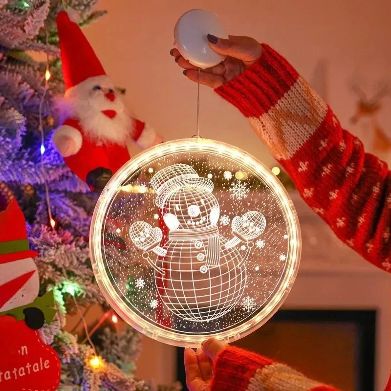 Christmas Hanging Ambient LED Lights Battery Supply Acrylic Round Santa Snowflake Ornament for Xmas Tree Home Window Indoor
