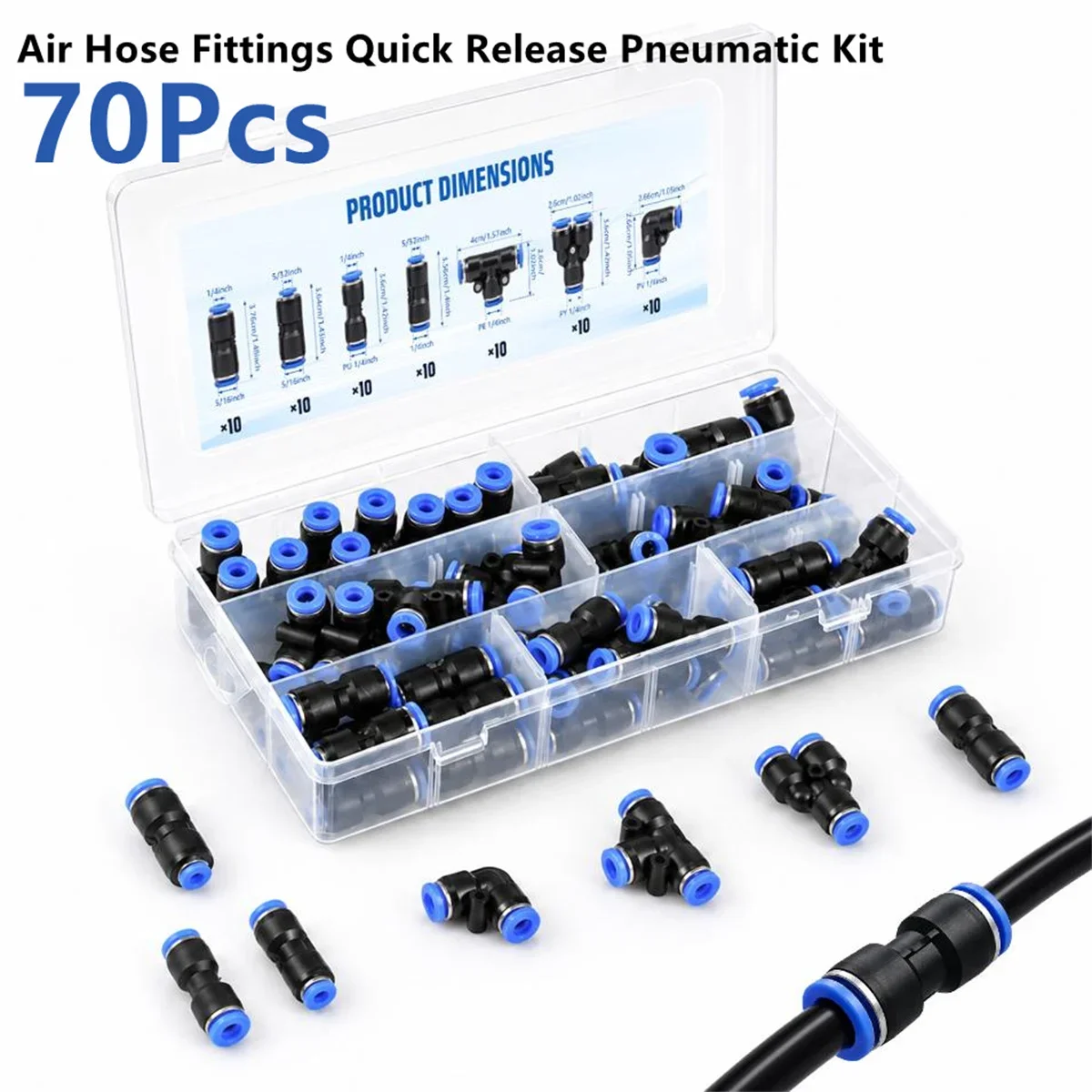 70pcs Pneumatic Air Hose Fittings Kit Push to Connect Quick Release Connectors 1/4 5/16 5/32 Inch Straight Elbow Tee Splitter